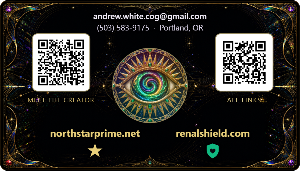 Business card back — contact, seals, QR, site links