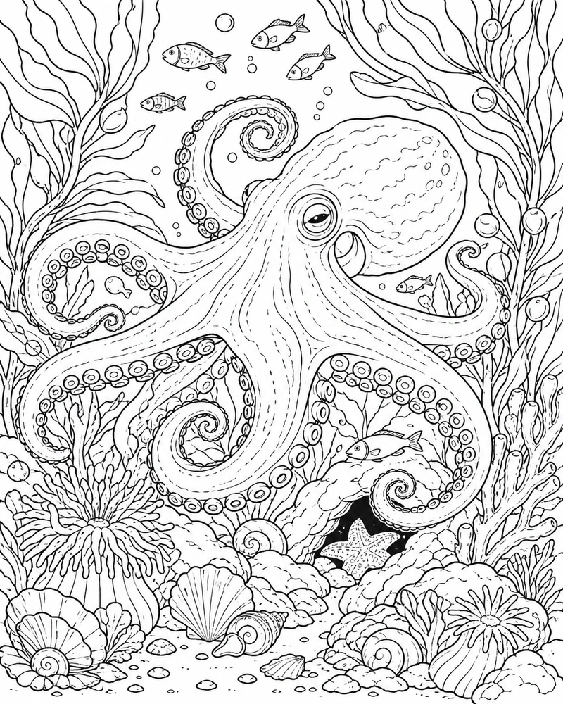 Original octopus coloring artwork with reef plants and fish