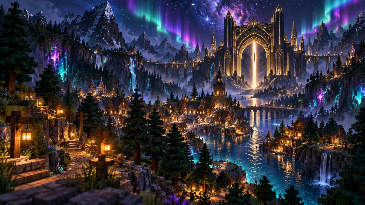 Illustrated concept of a voxel realm beneath an aurora