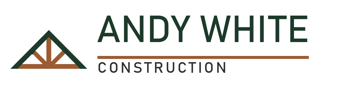 Andy White Construction logo — a king-post roof truss in pine green and copper