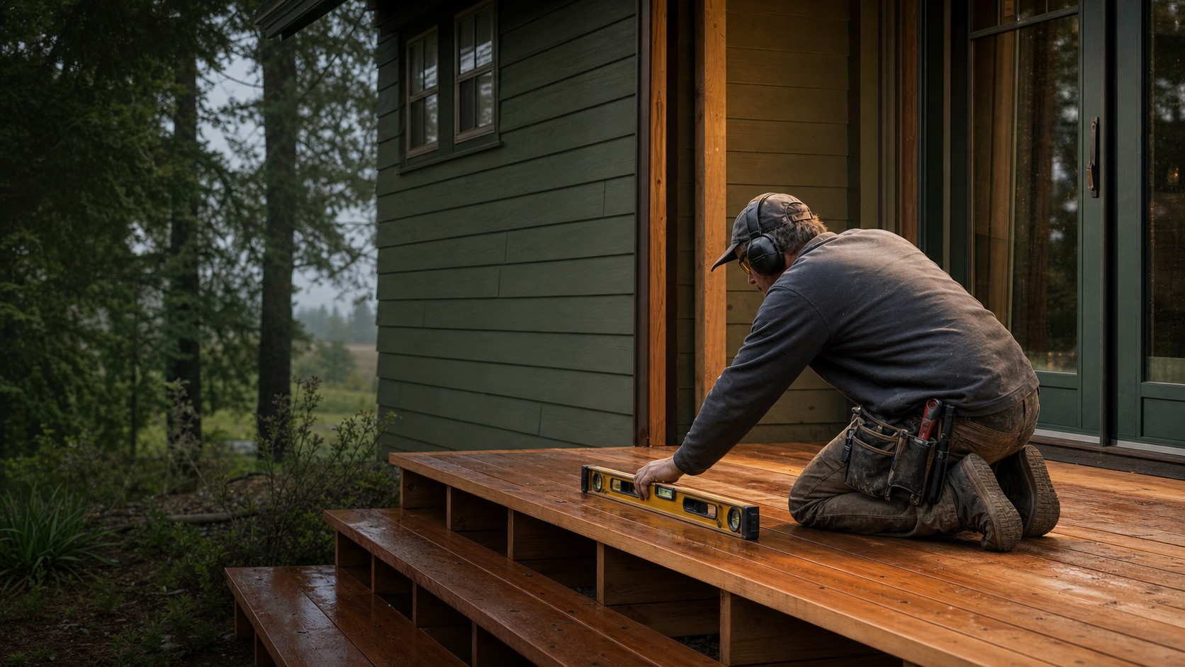 A contractor carefully levels a cedar deck on an Oregon home