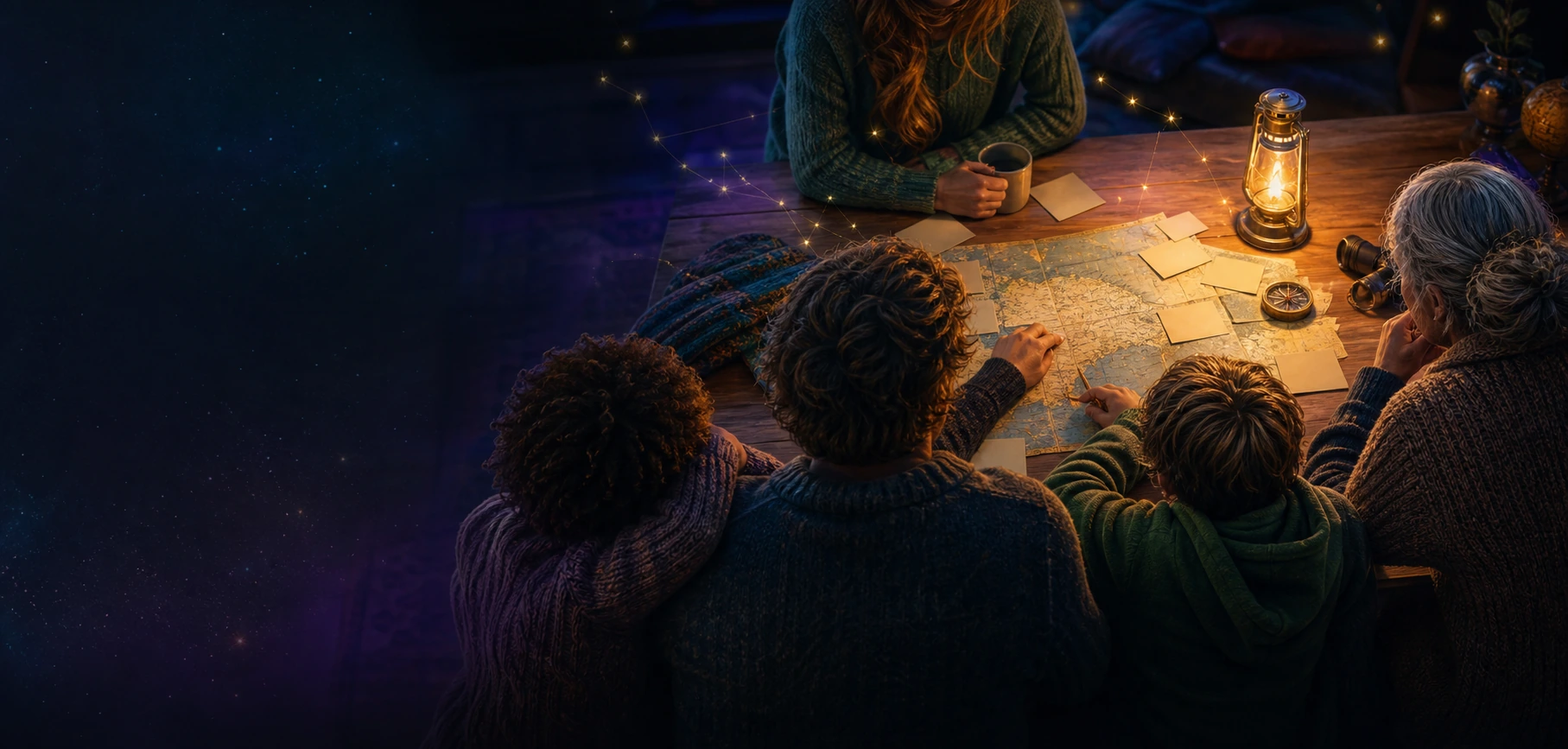 Anonymous multigenerational family gathered around a map, planning an outing by warm lamplight.
