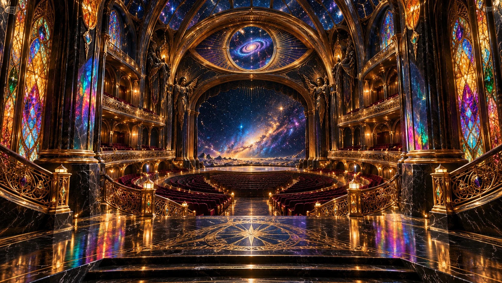 An obsidian and gold VORATH cinema opens beneath a jewelled cosmic eye