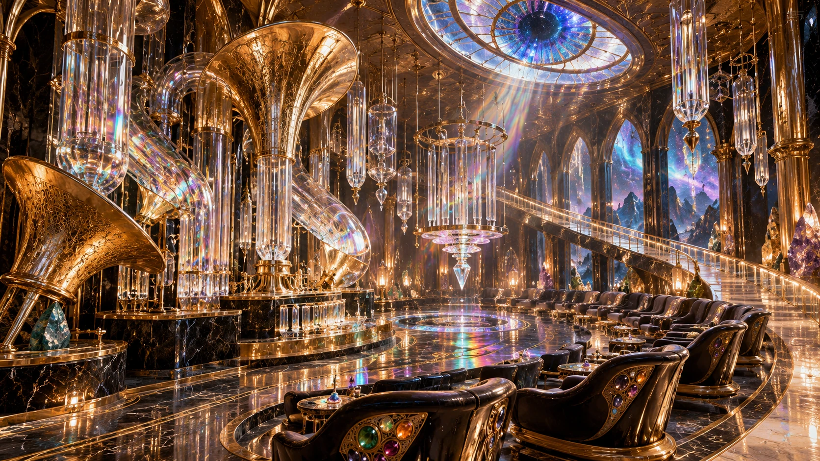 Crystal resonance instruments and golden horns beneath a rainbow VORATH oculus