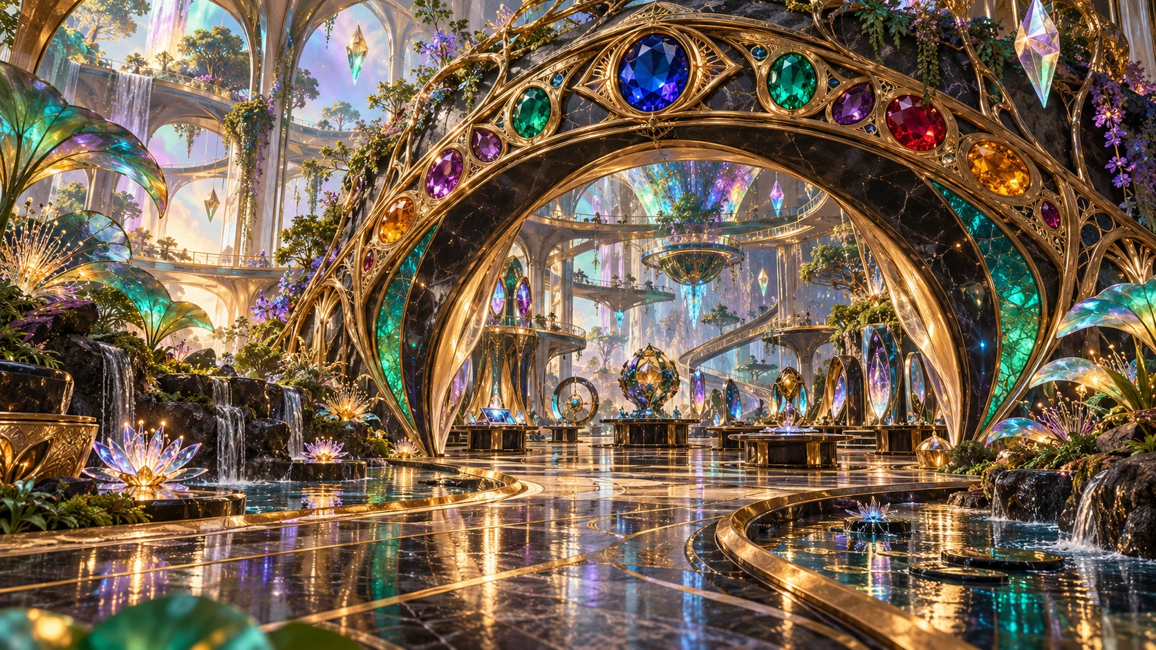 A jewelled portal leads into a luminous VORATH garden arcade