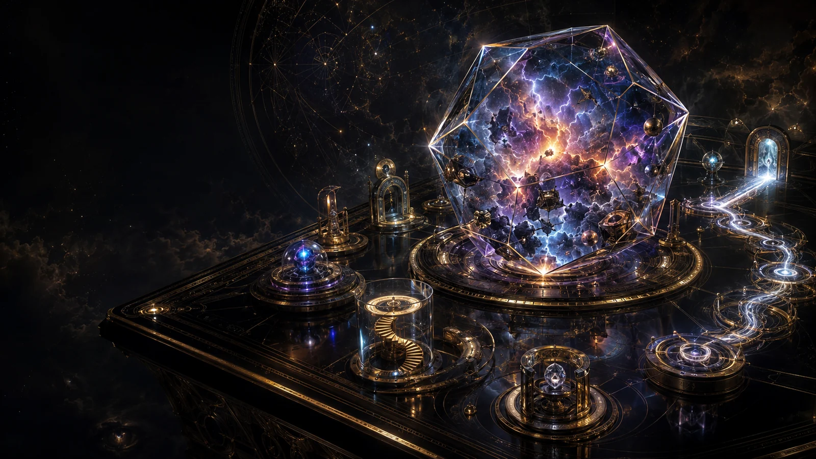 Contained synthetic storm above a black-glass incident strategy table