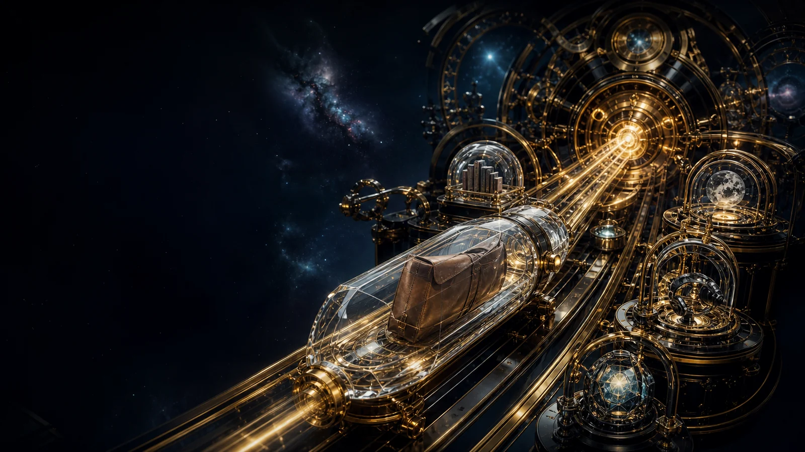 Premium product moving through a crystalline golden launch machine