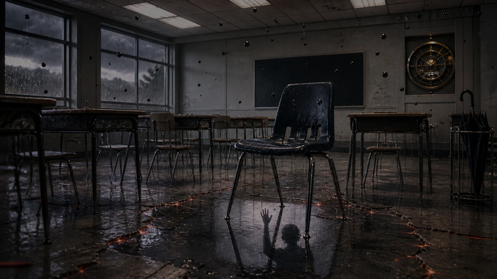 An empty dripping classroom chair whose puddle reflects an absent student raising one hand