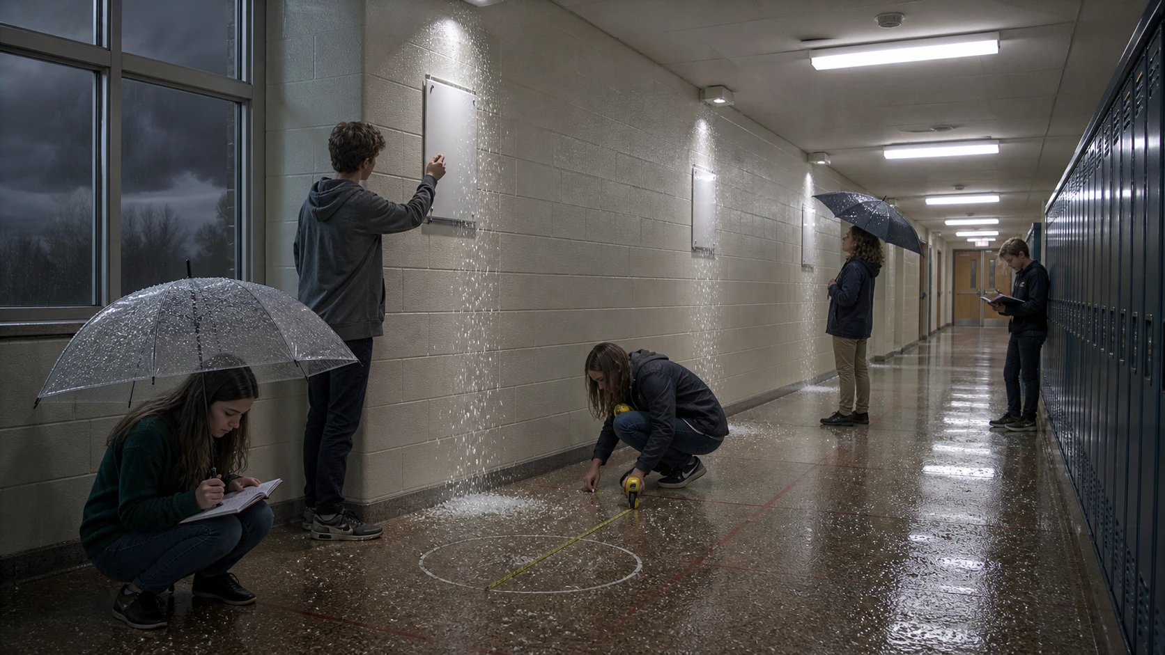 Students measuring narrow columns of hail inside a fluorescent school hallway
