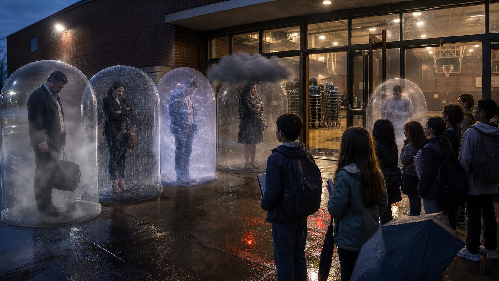 Adults arriving at a school gym inside transparent bubbles containing distinct weather systems