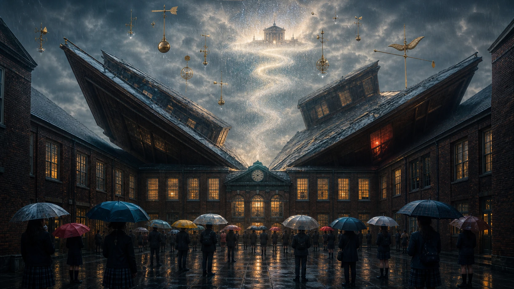 A brick school roof folding safely open as upward rain forms a road toward a distant museum
