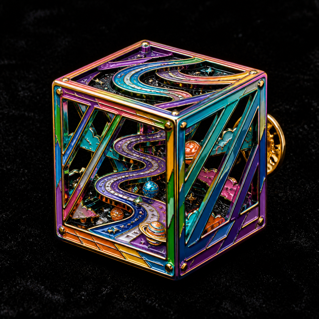 Rainbow Route-Crate Pin concept mockup