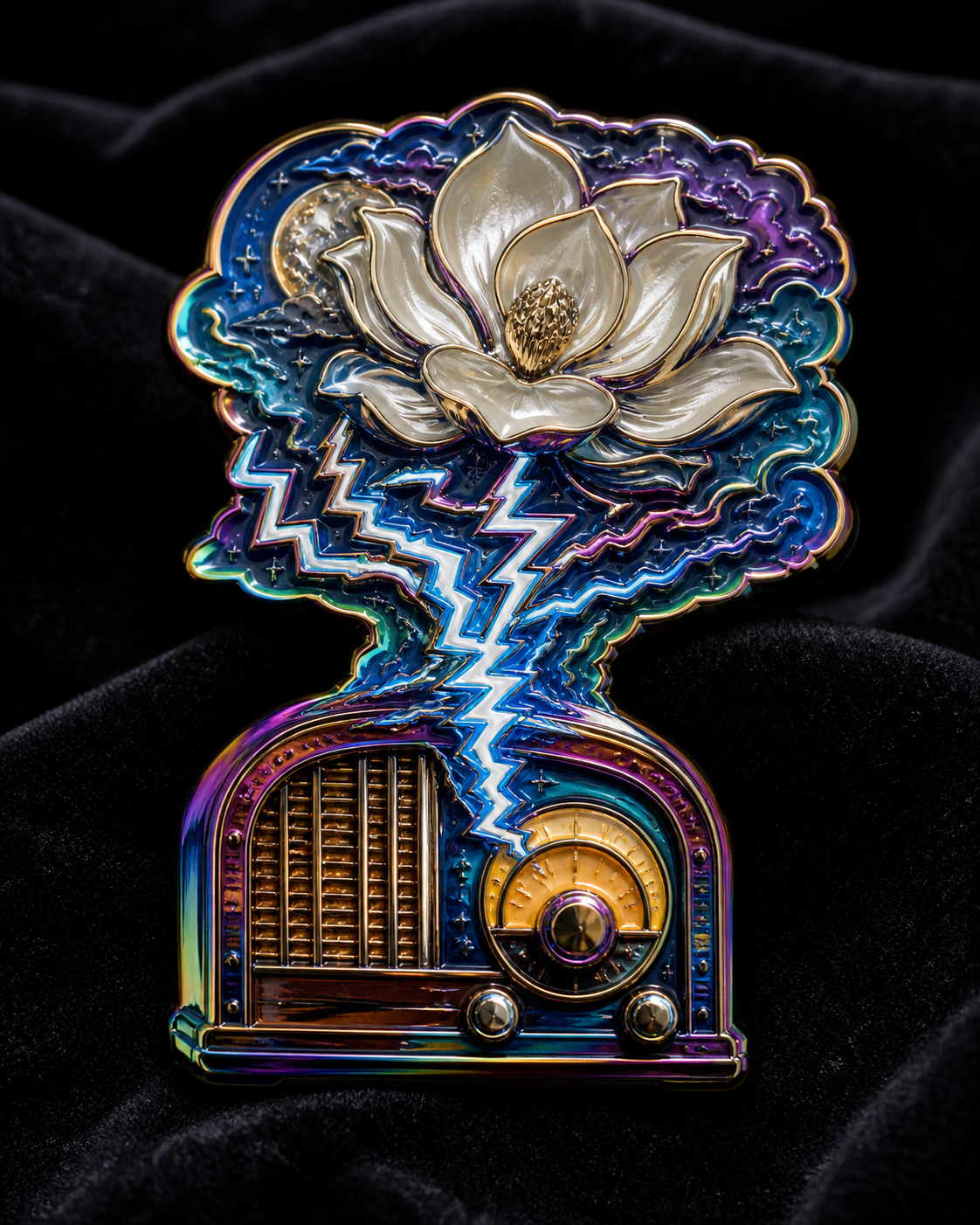 Rainbow Storm-Witness Radio Pin concept mockup