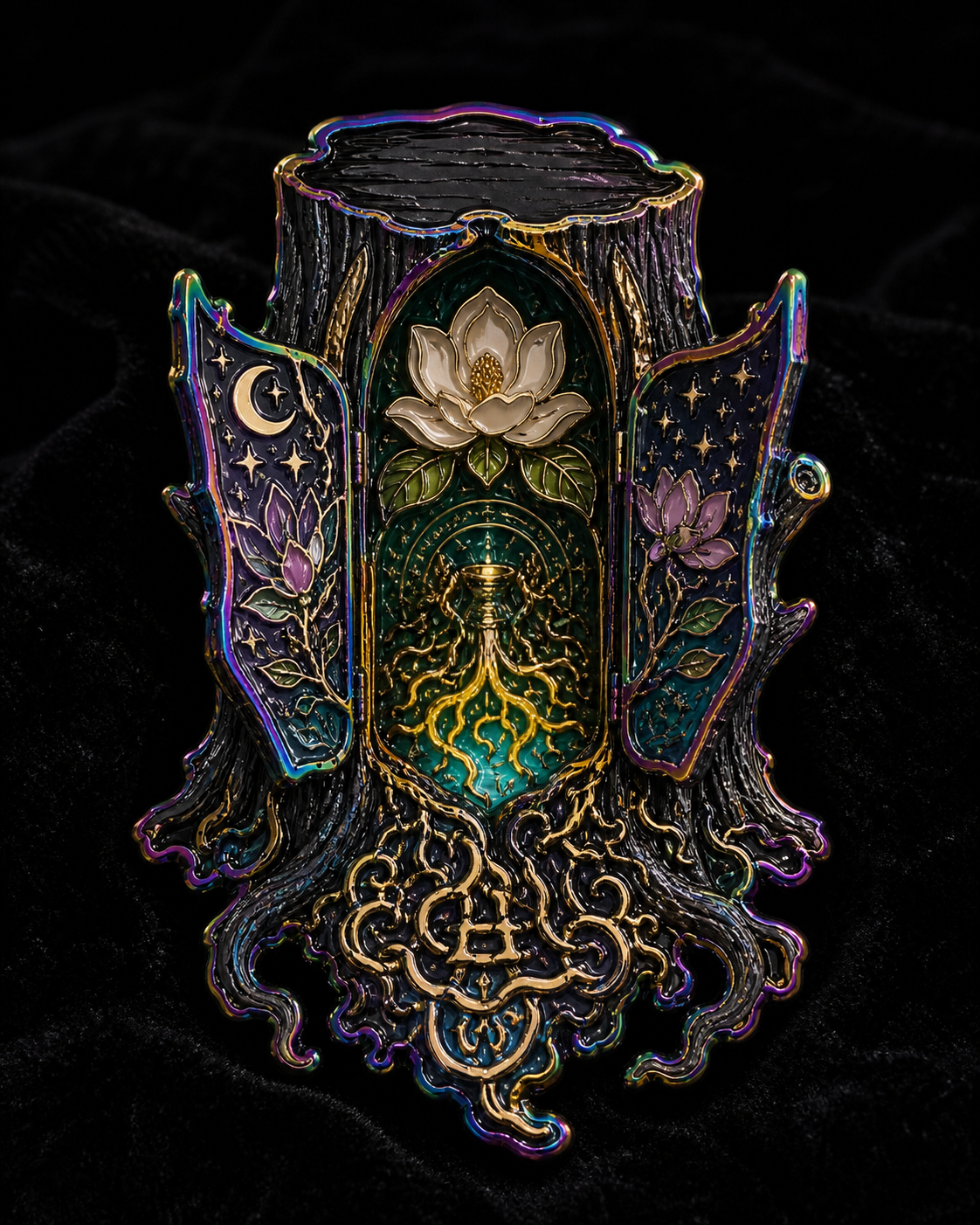 Rainbow False-Stump Root-Script Pin concept mockup