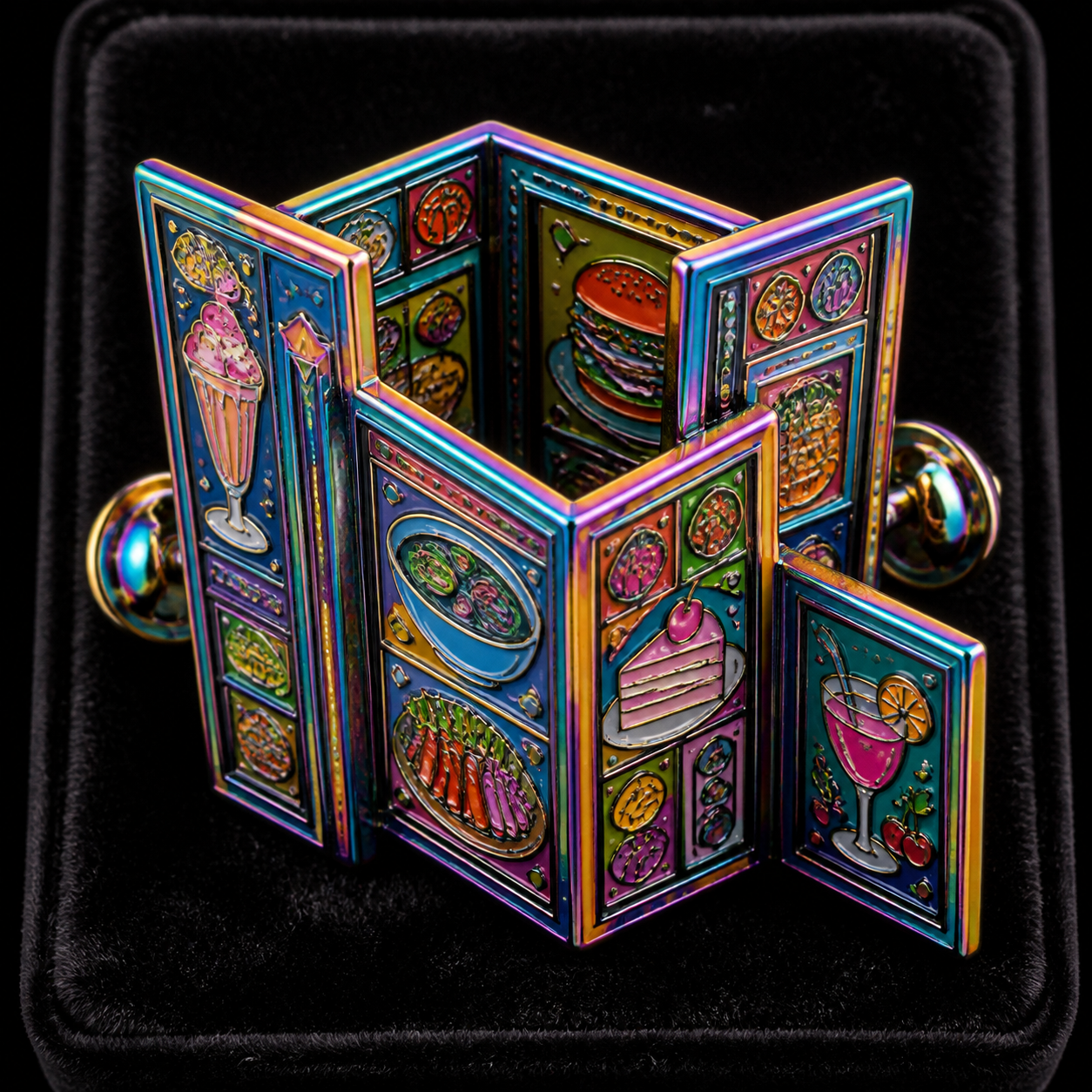 Rainbow-Anodized Impossible Menu Pin concept mockup