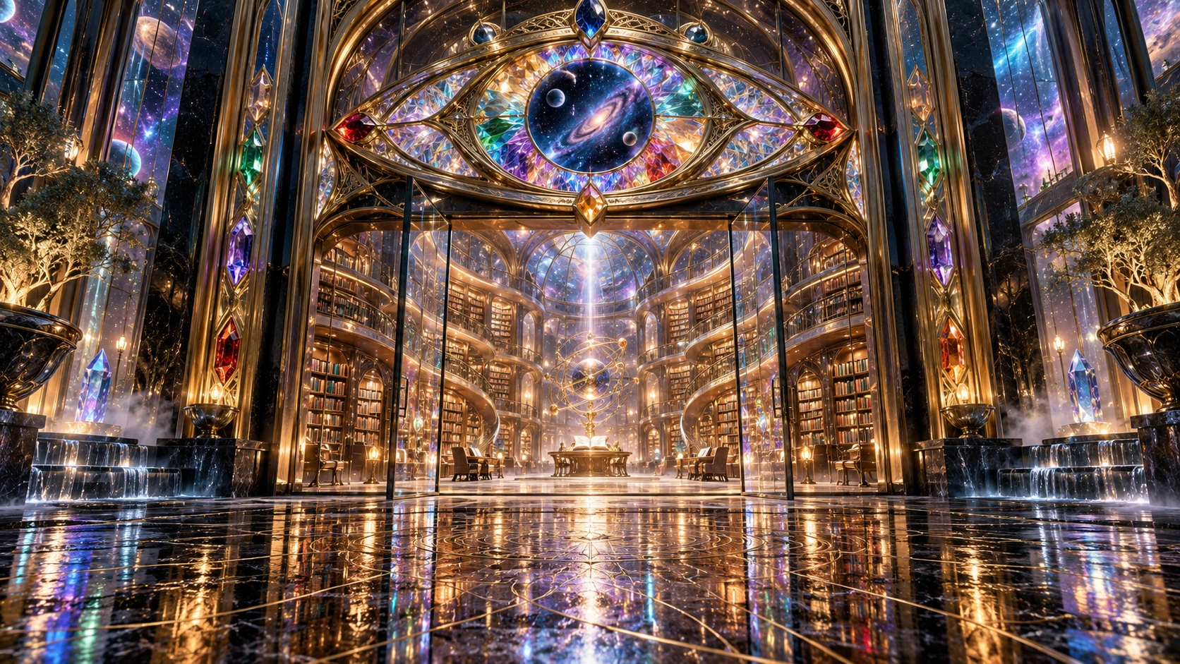 A jewel-bright eye opens into a golden cosmic library, reflected in a dark mirrored floor.