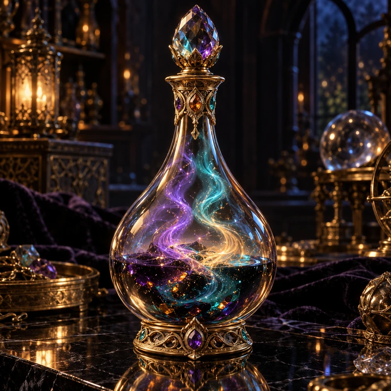 A gold-crowned crystal flask containing violet and teal luminous swirls