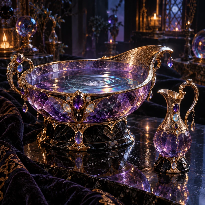 An amethyst wash vessel and matching jewelled ewer
