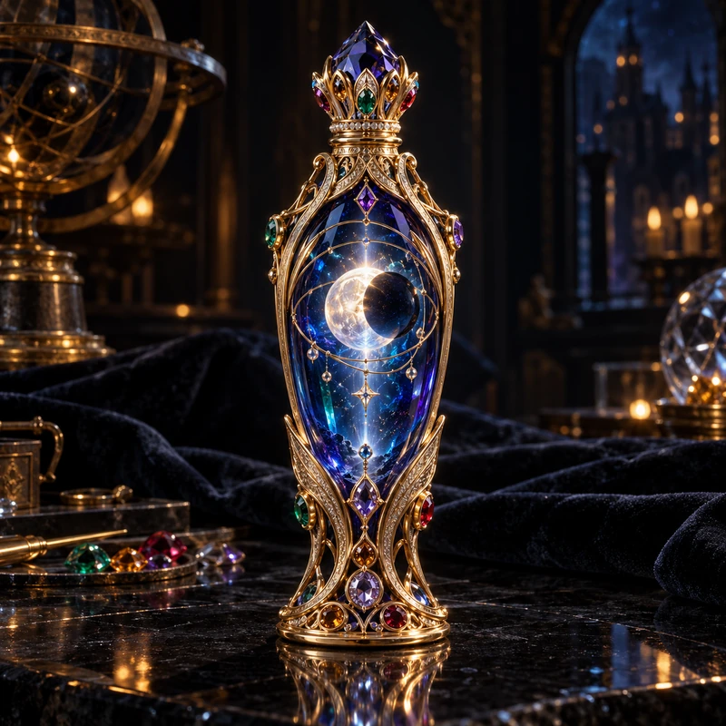A sapphire crystal eclipse vial in an intricate gold cradle