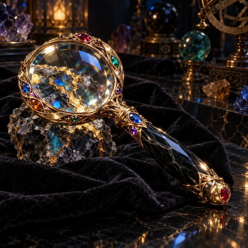 A jewelled gold magnifying optic above a dark mineral specimen