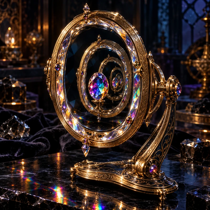 Nested jewelled optical mirrors reflecting a rainbow crystal