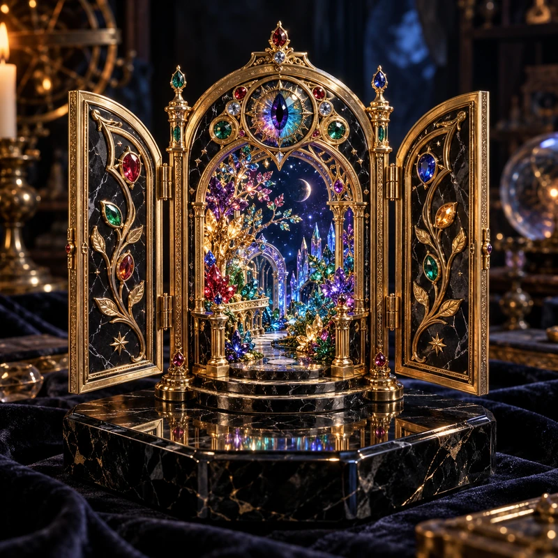 An ornate miniature folding doorway opening into a cosmic garden