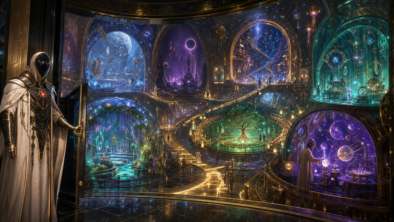A vast celestial school with seven glowing chambers connected by golden walkways