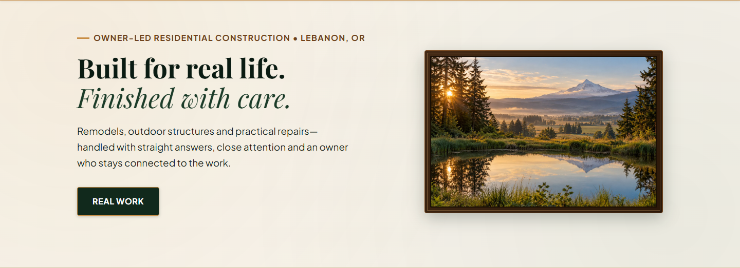 Andy White Construction website preview with its contractor introduction and Mount Hood landscape