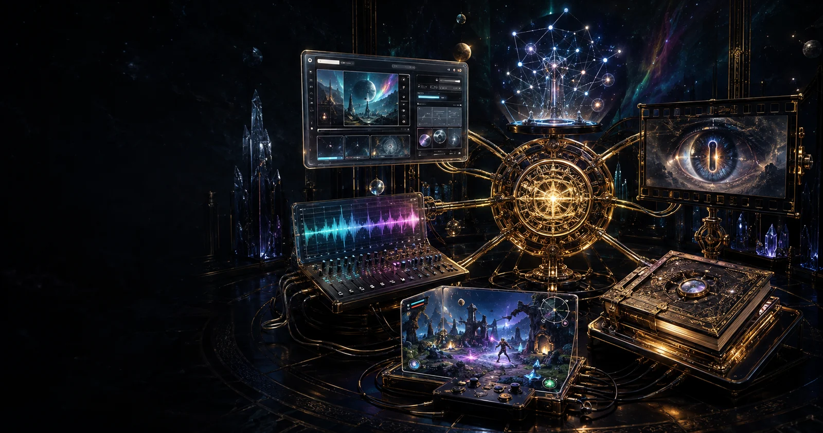 A black-glass creative atelier connecting web design, private AI, film, audio, games, and publishing through one golden production mechanism