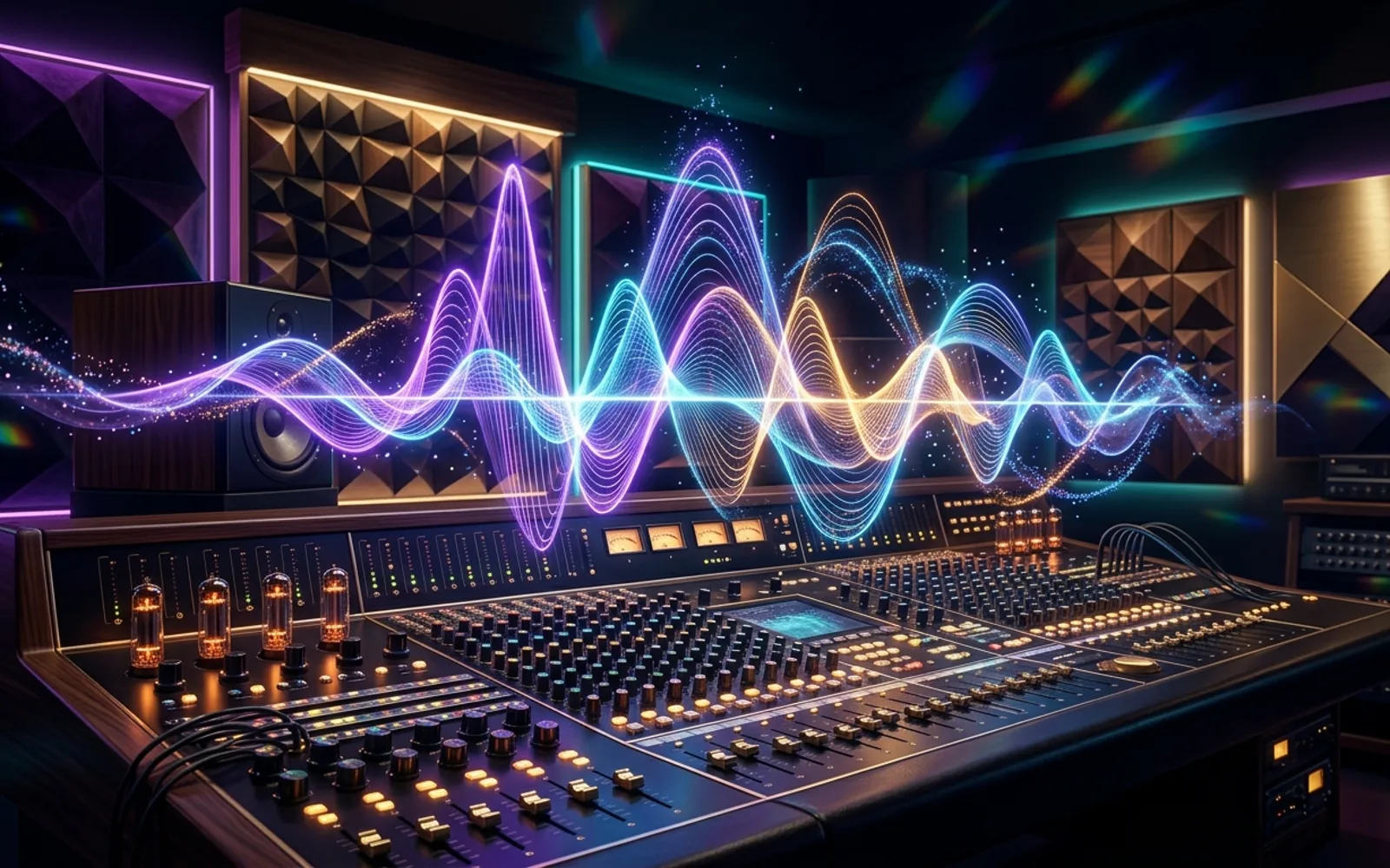 Glowing sound-wave ribbons above a dark mixing console with amber tubes