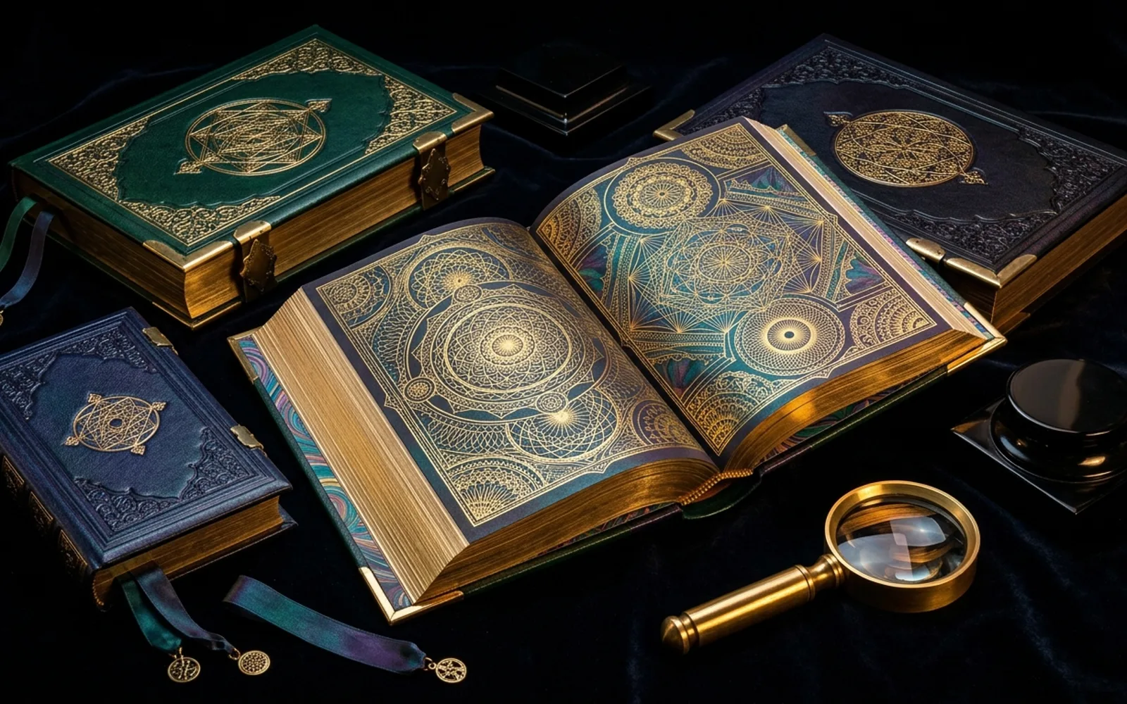 Leather-bound books with gold-foil geometry and open illuminated pages under a spotlight