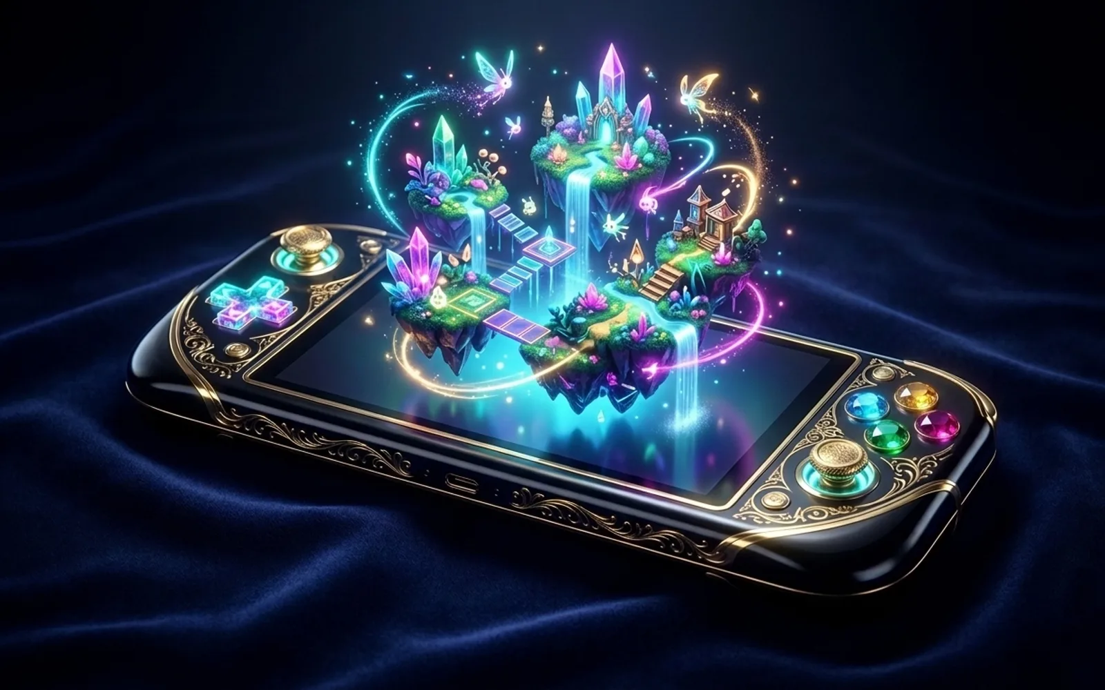 Crystal handheld console with floating islands and spires rising from its screen