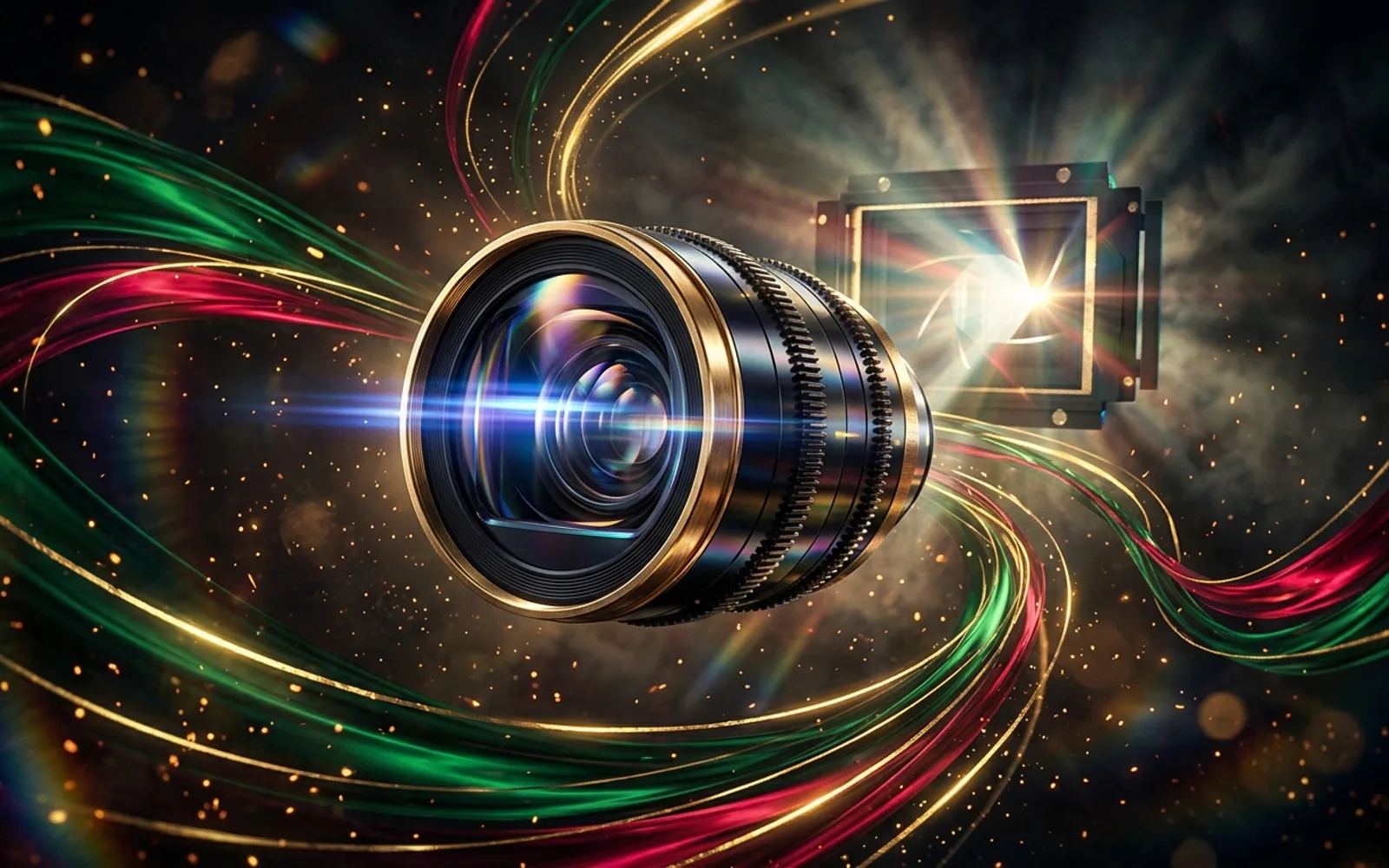 Obsidian camera lens with jewel-colored light ribbons and a glowing film gate