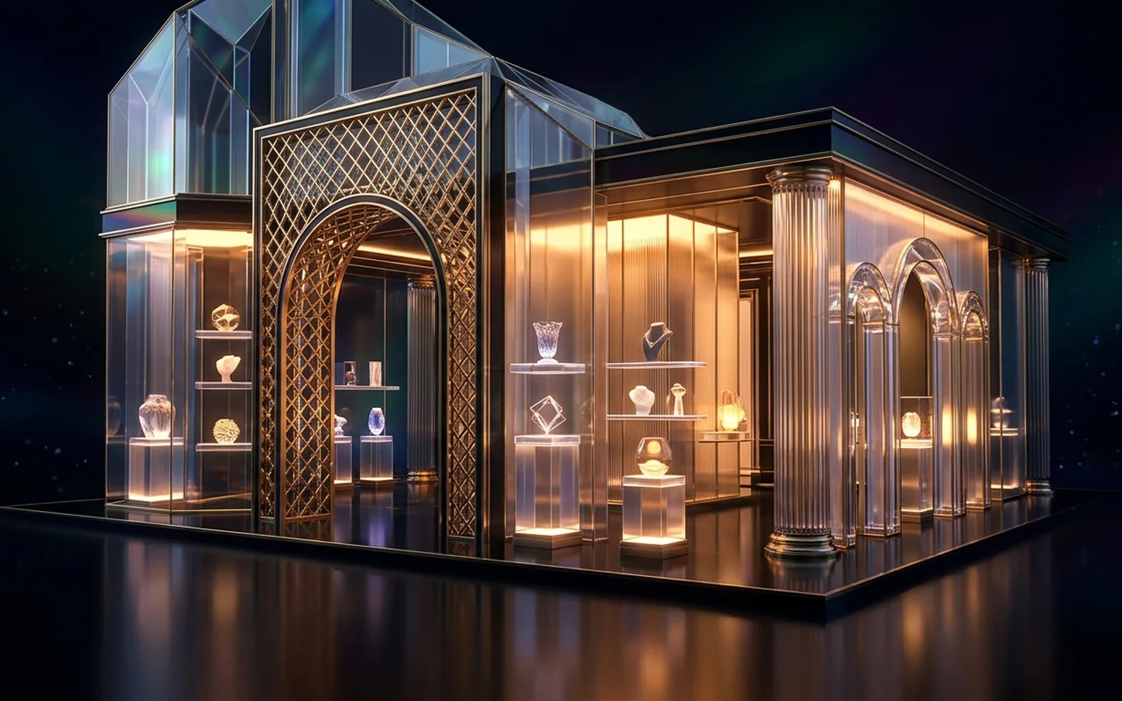 Glass storefront with brass trim and lit display cases on dark stone